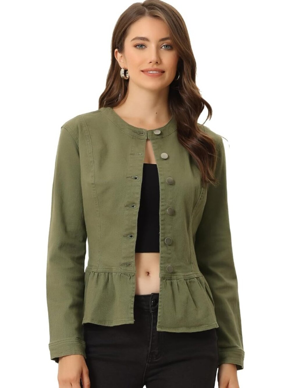 Women's Green Denim Collarless Round Neck Button Down Cropped Ruffle Hem Jacket
